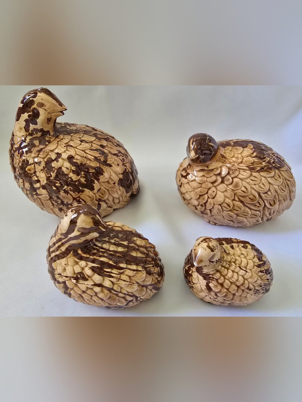 Vintage Arnel’s Ceramic Quail Family Figurines Set of 4 Brown Marbled MCM